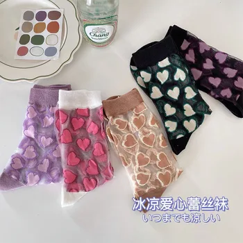 1 чифт Нови Дантелен Чорапи с кристали, Дамски Летни Тънки Цветни Прозрачни Къси Чорапи Love, розово, лилаво Кафяви чорапи Love Heart Сокс