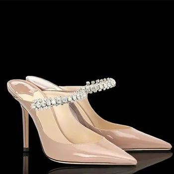 2022 Европейски и американски женски нови обувки на висок ток от лачена кожа с кристали мюли