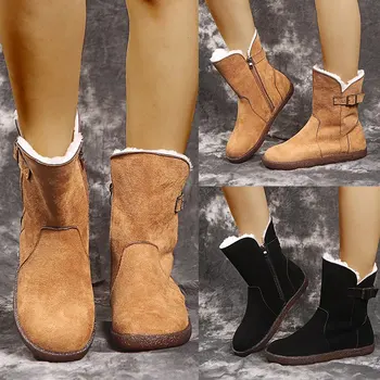 2022 Нови Дамски Зимни обувки Голям размер на меху, Запазването на топлина, женски ботуши на равна цип, Кафяви Велурени Плюшени Модни обувки до средата на Прасците