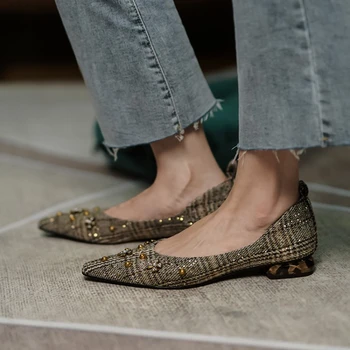 2022 г. от Новата пролетно-есенен Дамски обувки с остър пръсти на площада обувки; дамски обувки-лодка с решетка за ниска пета от памучен плат; дамски обувки без закопчалка