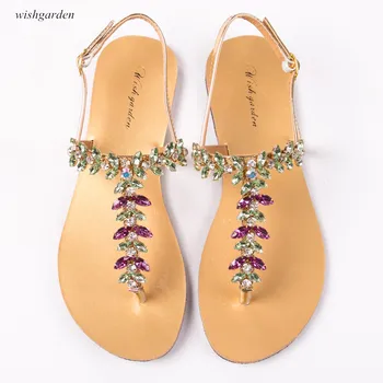 2023 Нови Летни дамски сандали на равна подметка, Модни богемные обувки с кристали, Дамски чехли с Т-образно каишка, плажни блестящи чехли, големи Размери