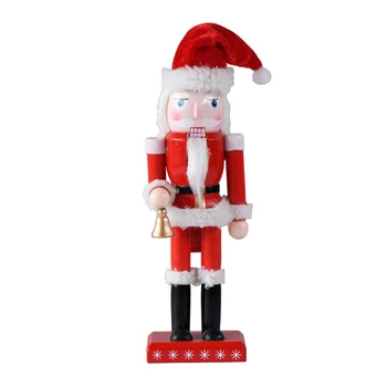 25 cm Червена Лешникотрошачката Дядо Коледа със Звънчета в Ръка Празнична Коледна Украса за Рафтове и Маси, Дървени Украшение