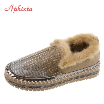 Aphixta/ Луксозни кристали, топли Зимни дамски обувки на Меху, обувки на плоска подметка от естествен Косъм, Лоферы, Музикална обувки с кожа, Мокасини на платформата 3 см