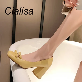 Cialisa/Модни дамски обувки; Новост на Есента; Обувки на висок Ток от естествена Кожа с квадратни пръсти и възел-пеперуда; Големи Размери 43; обувки-лодка жълт Цвят