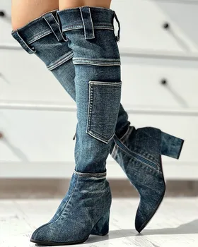 GIGIFOX/ Дизайнерски дамски Ботуши до Коляното с джобове, модни дънкови Ежедневни Обувки на Дебелите Масивна ток с остър пръсти и цип, Есенна обувки