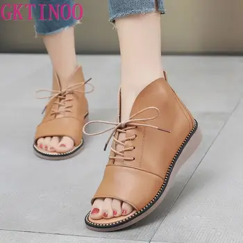 GKTINOO/Нови сандали от естествена кожа; дамски сандали на висок плосък ток в римски стил с отворени пръсти; лятна дамски обувки дантела