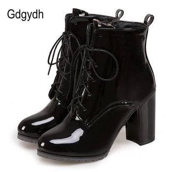Gdgydh/Дамски обувки от лачена кожа на голям размер на 48, обувки на висок ток с шнур, пролетно-Есенна Черни Обувки, Дамски Ботильоны с Цип