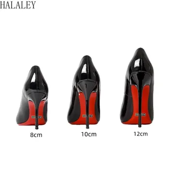 HALALEY/ класически червени обувки с Блестящи Ходила от черна лачена кожа на висок ток 12 см, женски обувки-лодка на висок ток с остър пръсти, Чубрица Сватбени Обувки