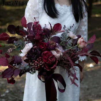 JaneVini Готически Реколта Бордо Изкуствени Цветя Сватба Сватбени Букети Вино-Червени Цветя На Булката Листа Бруида Букет De Fleur