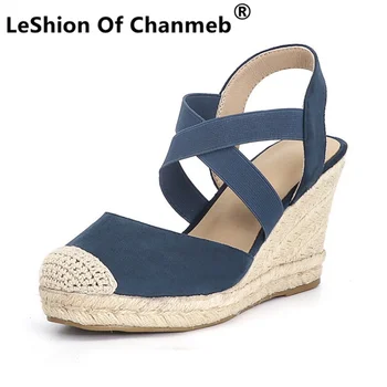 LeShion Of Chanmeb Тъмно сини дамски Сандали със затворени пръсти, с появата на ластика, Велурени обувки с телесен цвят на танкетке, женски-Големи Размери 43