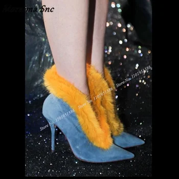 Moraima Snc/синьо-жълти Обувки с Кожа Интериор, Ботильоны без шнур на Висок Ток, Обувки с остри пръсти на Ток от Флока, Zapatillas Mujer