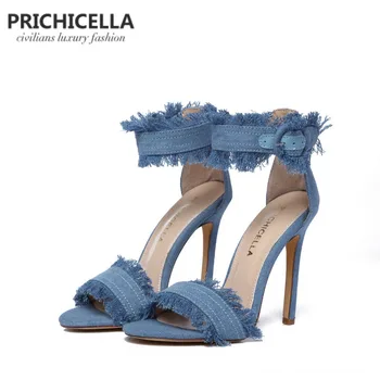 PRICHICELLA сини дънкови сандали на висок ток с каишка на щиколотке от естествена кожа летни сандали на високи токове