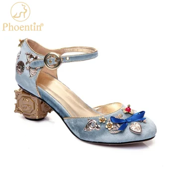Phoentin/сини кадифени обувки на Мери Джейн, декорация във формата на сърце, необичайни метални токчета, обувки-лодка с папийонка и катарама, обувки-лодка FT268