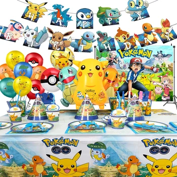 Pokemon Детски Рожден Ден Аксесоари Комплект Съдове За Готвене Карикатура Покачу Хартиени Чаши, Картонени Чинии Балон Вечер За Еднократна Употреба Украса