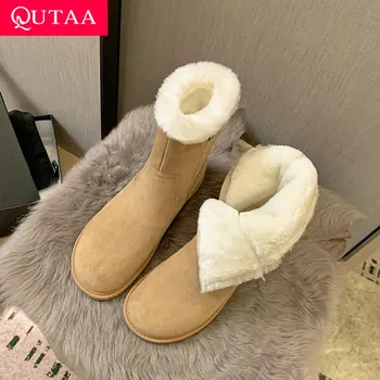 QUTAA/2023, Зимни топли Вълнени Дамски Зимни Обувки до средата на прасците на равна подметка с цип, Дамски Ежедневни Обувки на платформа от естествена кожа, Размер диапазон 34-40