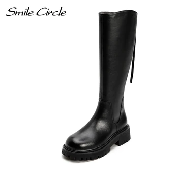 Smile Circle/зимни дамски ботуши до коляното, Дълги ботуши от волска кожа, запазва топлината, Ботуши на платформа, дамски престрелки обувки с дебела подметка