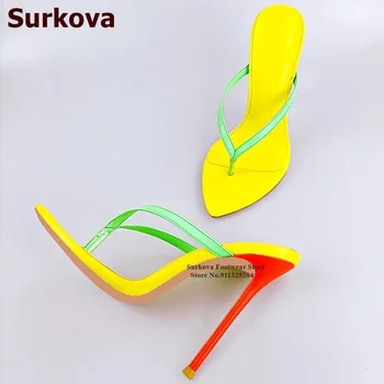Surkova/ червени обувки на Тънък Висок ток с остър пръсти, жълто-зелени Цветни летни Сандали в стил Мозайка, модел обувки без закопчалка, Размер46