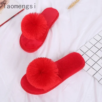 Taomengsi/ нови кожени домашни пантофи с топки от утолщенного плюш; женски нескользящие червени чехли с отворени пръсти подметка през цялата година