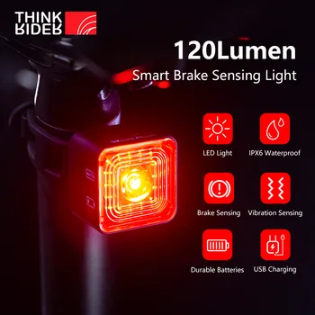 ThinkRider Умен Велосипеди Отзад Задна Светлина за Автоматично Старт-Стоп Спирачка IPX6 Водоустойчив USB Зареждане на Велосипеди Задна Светлина под Наем LED 120LM