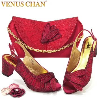 Venus Chan 2022 Нигерийски Хит на продажбите Винен цвят Елегантни Вечерни Сватбени Дамски Обувки и чанта в комплекта, Украсени с кристали