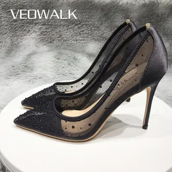 Veowalk/Сатен газови Лоскутные женски прозрачни Пикантни обувки-лодка На Високо Прозрачен Ток с остър пръсти, Шикозни дамски официални модела обувки в Черен Цвят