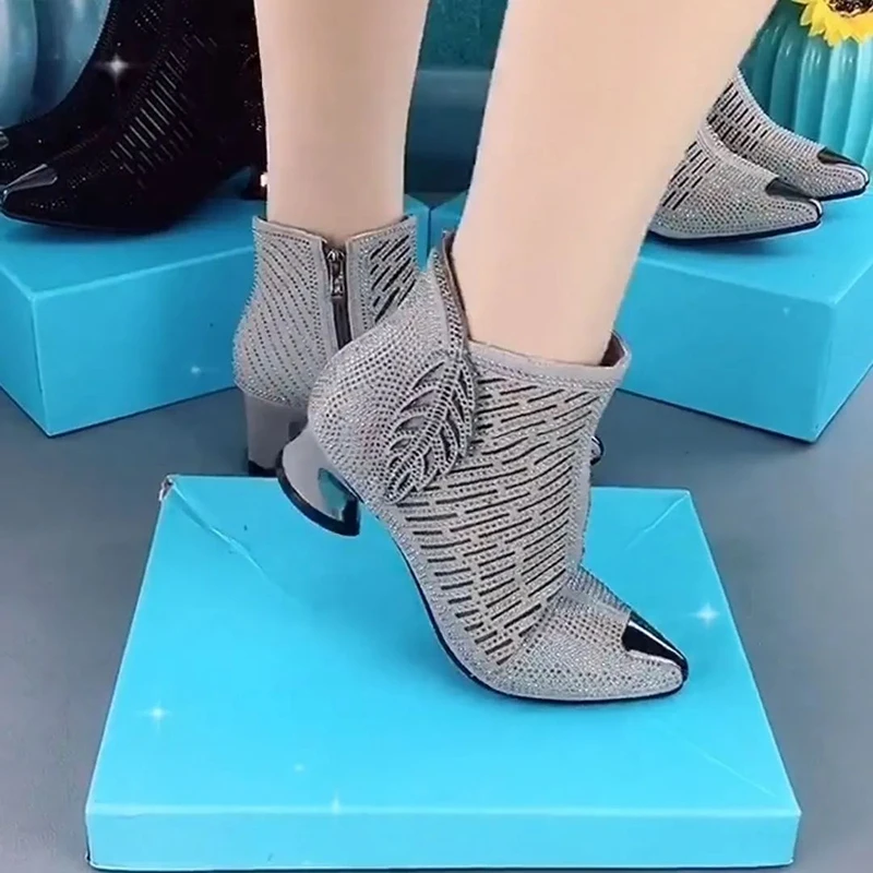 2022 г., нови пикантни универсалните модни обувки с кристали, дамски сандали на средно гъст ток с остър пръсти и страничен цип, женски Изображение 0