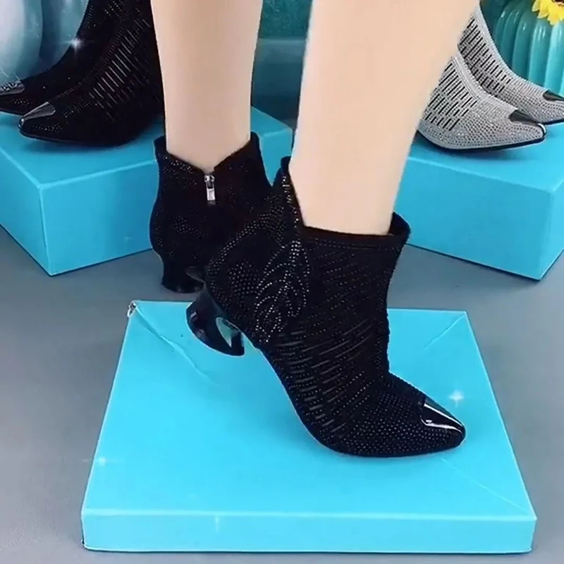 2022 г., нови пикантни универсалните модни обувки с кристали, дамски сандали на средно гъст ток с остър пръсти и страничен цип, женски Изображение 1