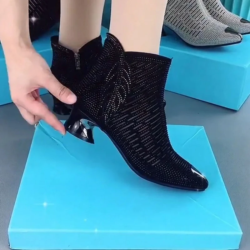 2022 г., нови пикантни универсалните модни обувки с кристали, дамски сандали на средно гъст ток с остър пръсти и страничен цип, женски Изображение 2