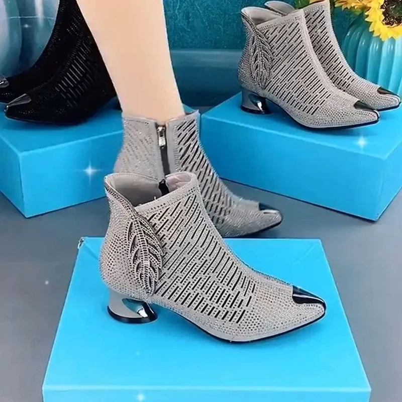 2022 г., нови пикантни универсалните модни обувки с кристали, дамски сандали на средно гъст ток с остър пръсти и страничен цип, женски Изображение 3