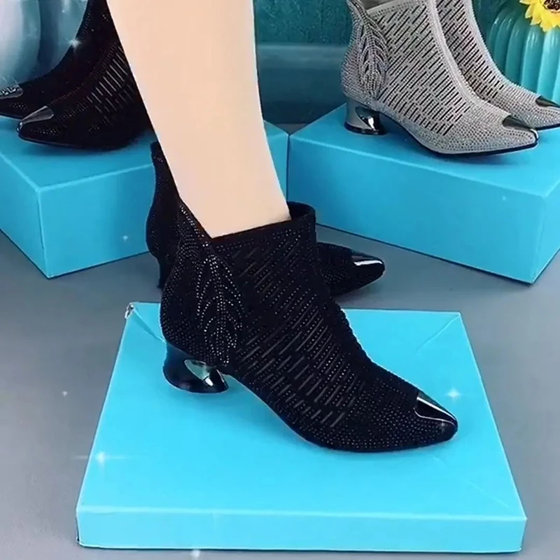 2022 г., нови пикантни универсалните модни обувки с кристали, дамски сандали на средно гъст ток с остър пръсти и страничен цип, женски Изображение 4