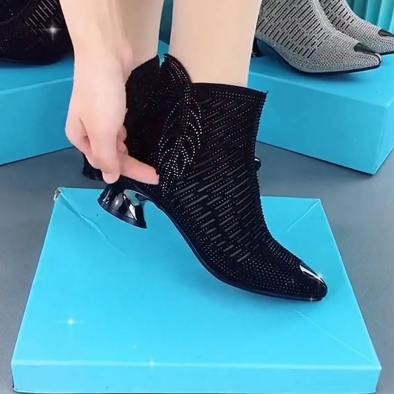 2022 г., нови пикантни универсалните модни обувки с кристали, дамски сандали на средно гъст ток с остър пръсти и страничен цип, женски Изображение 5