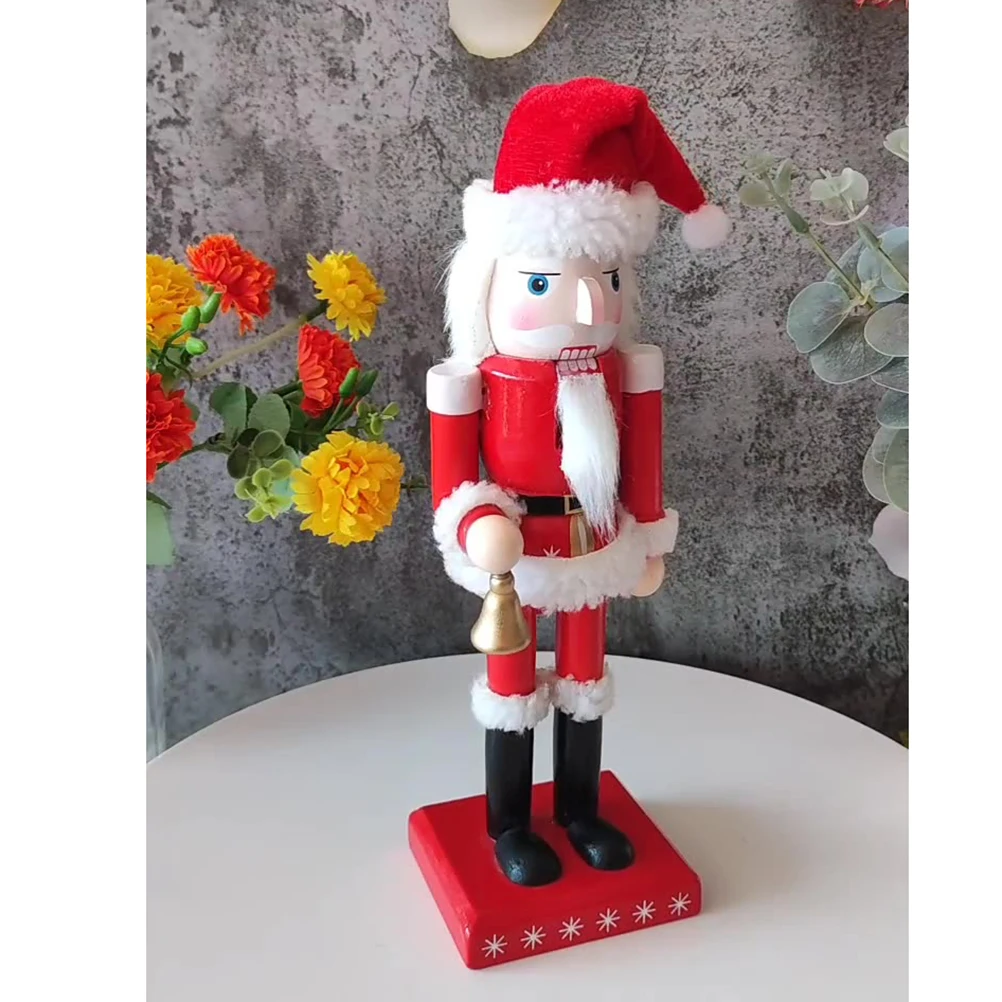 25 cm Червена Лешникотрошачката Дядо Коледа със Звънчета в Ръка Празнична Коледна Украса за Рафтове и Маси, Дървени Украшение Изображение 3