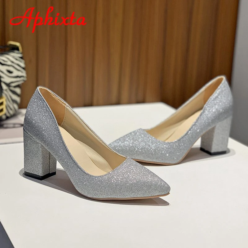 Aphixta/Дамски обувки с остър пръсти; обувки-лодка на квадратен ток 7,5 см; модни работни офис обувки за партита; Много по-Големи Размери 49 50 Изображение 2
