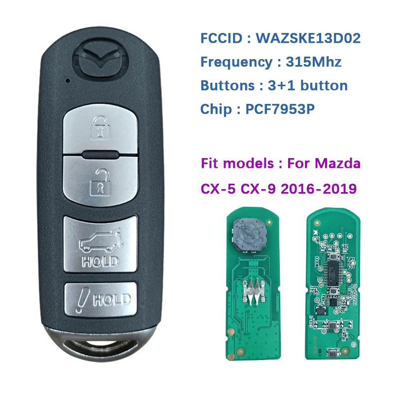 CN026045 Следпродажбено 4 Бутон ключ за Mazda CX-5 CX-9 2016-2019 FCCID SKE13D-02 SKE13D-01 315 Mhz 49 Чип WAZSKE13D02 01 Изображение 0