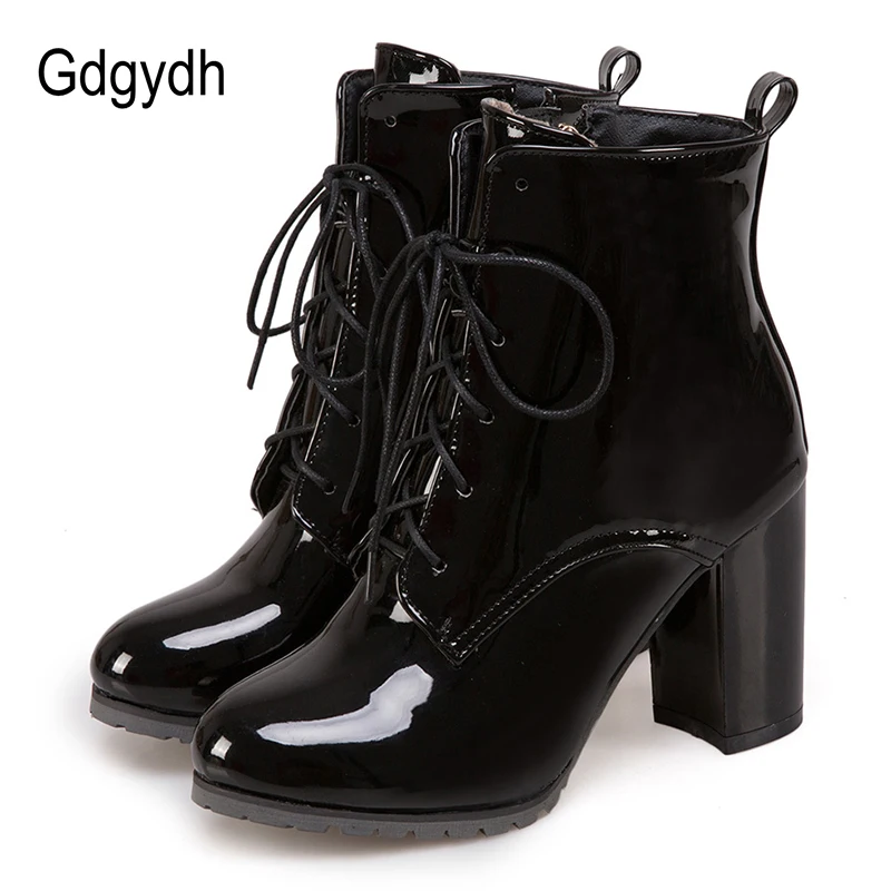 Gdgydh/Дамски обувки от лачена кожа на голям размер на 48, обувки на висок ток с шнур, пролетно-Есенна Черни Обувки, Дамски Ботильоны с Цип Изображение 0