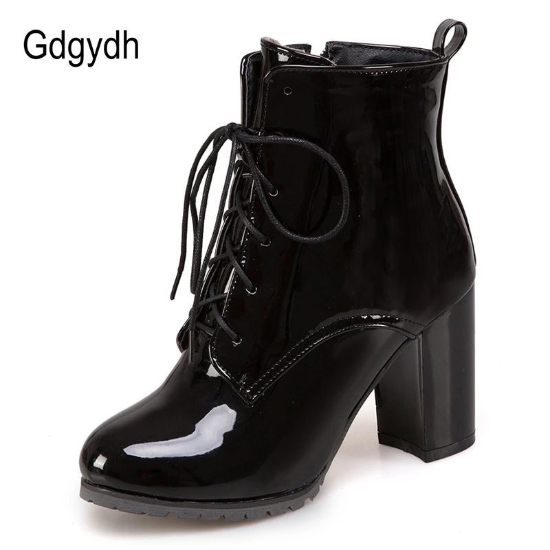 Gdgydh/Дамски обувки от лачена кожа на голям размер на 48, обувки на висок ток с шнур, пролетно-Есенна Черни Обувки, Дамски Ботильоны с Цип Изображение 1