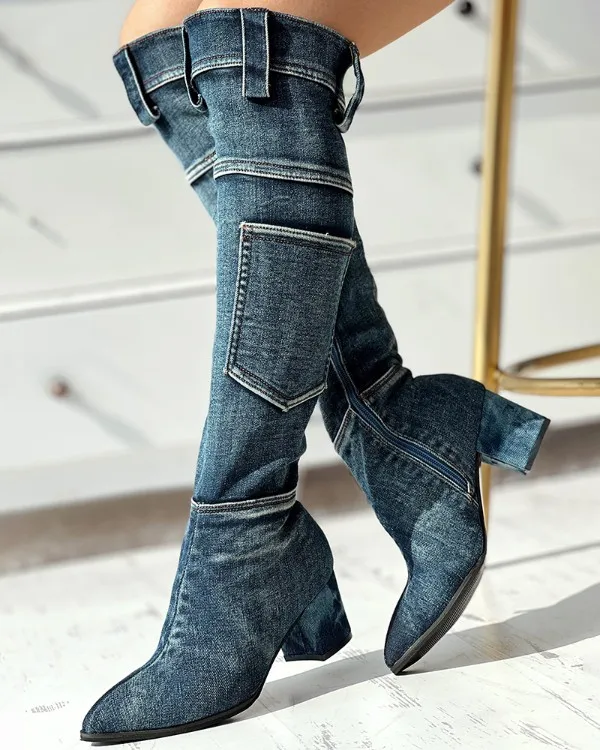 GIGIFOX/ Дизайнерски дамски Ботуши до Коляното с джобове, модни дънкови Ежедневни Обувки на Дебелите Масивна ток с остър пръсти и цип, Есенна обувки Изображение 3