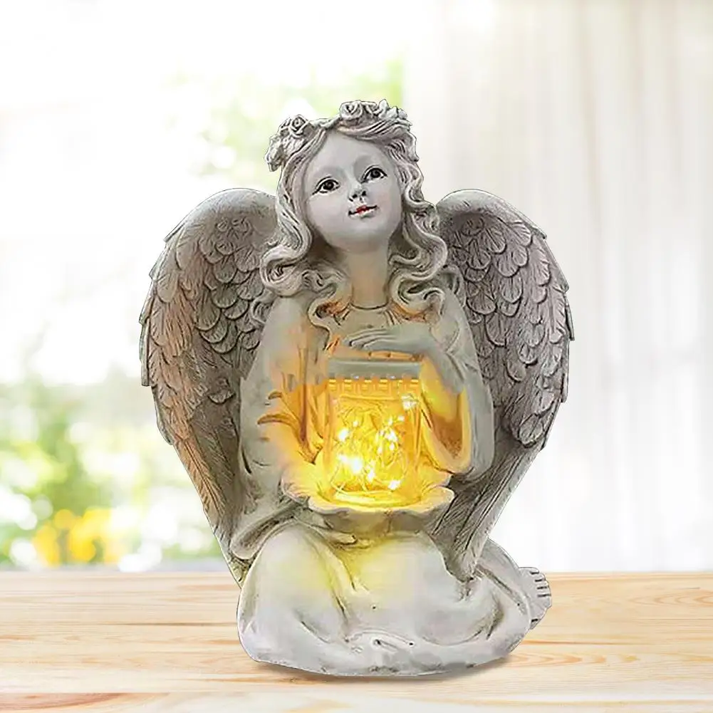 Led Статуята На Ангел-Пазител На Слънчевата Енергия Осветява Смола Античен Бяло Покритие Градински Ангел Момиче Скулптура Начало Декор Изображение 2
