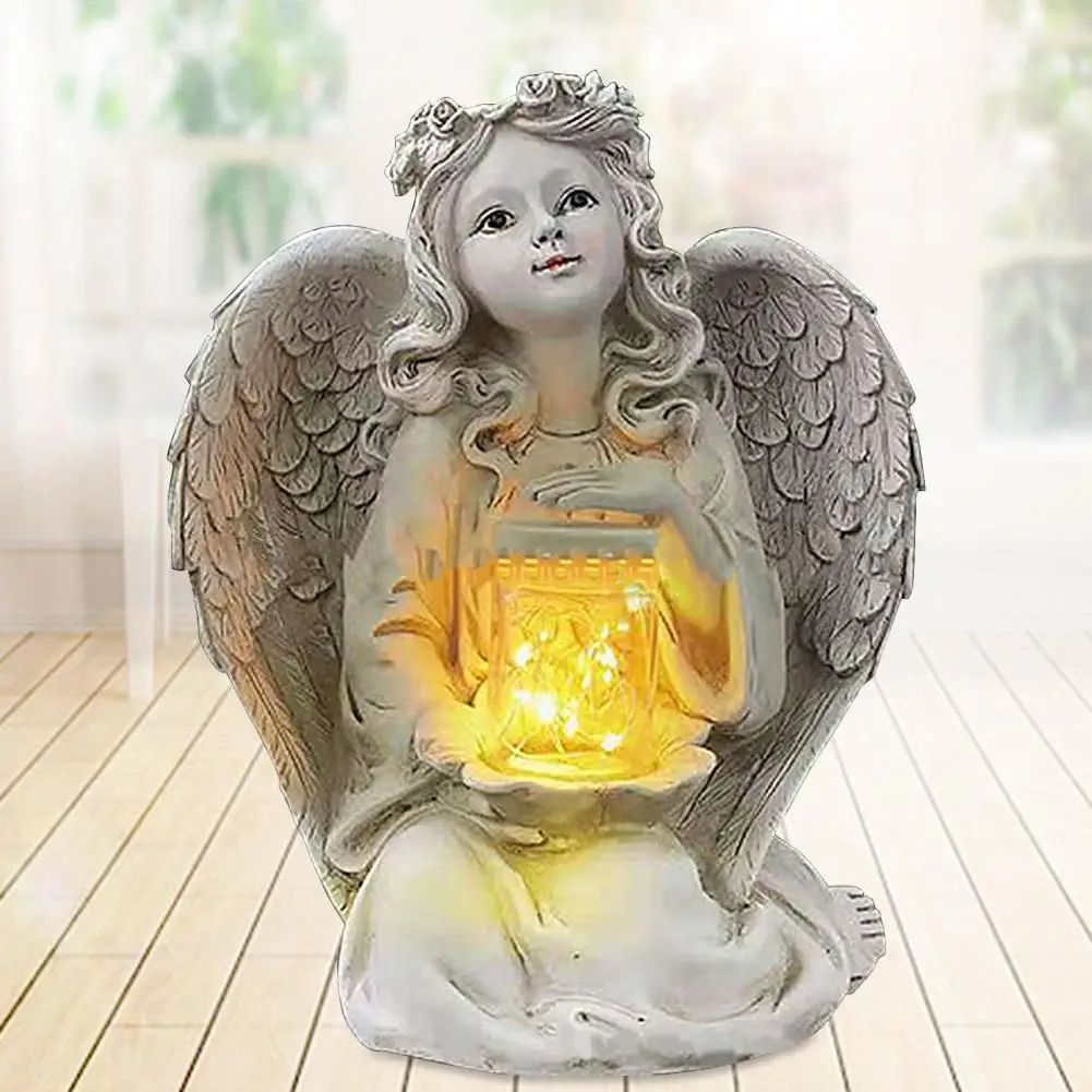 Led Статуята На Ангел-Пазител На Слънчевата Енергия Осветява Смола Античен Бяло Покритие Градински Ангел Момиче Скулптура Начало Декор Изображение 4