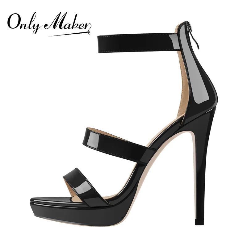 Onlymaker/летни дамски сандали на платформа от лачена кожа с тесни Затворени Ток, обувките на Тънък Висок ток, Сандали с цип Голям Размер с каишка Изображение 0