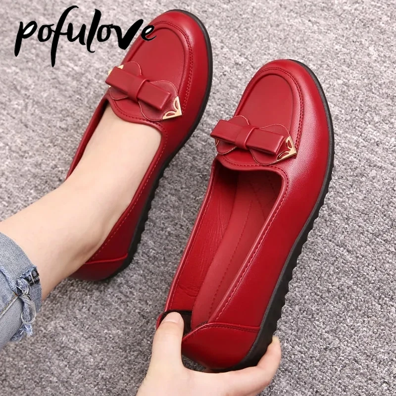 Pofulove/Кожени Дамски Обувки на равна Подметка, Oxfords, Слипоны, Zapatos, модни Маркови луксозни дамски работни обувки, Червени, Черни Изображение 0