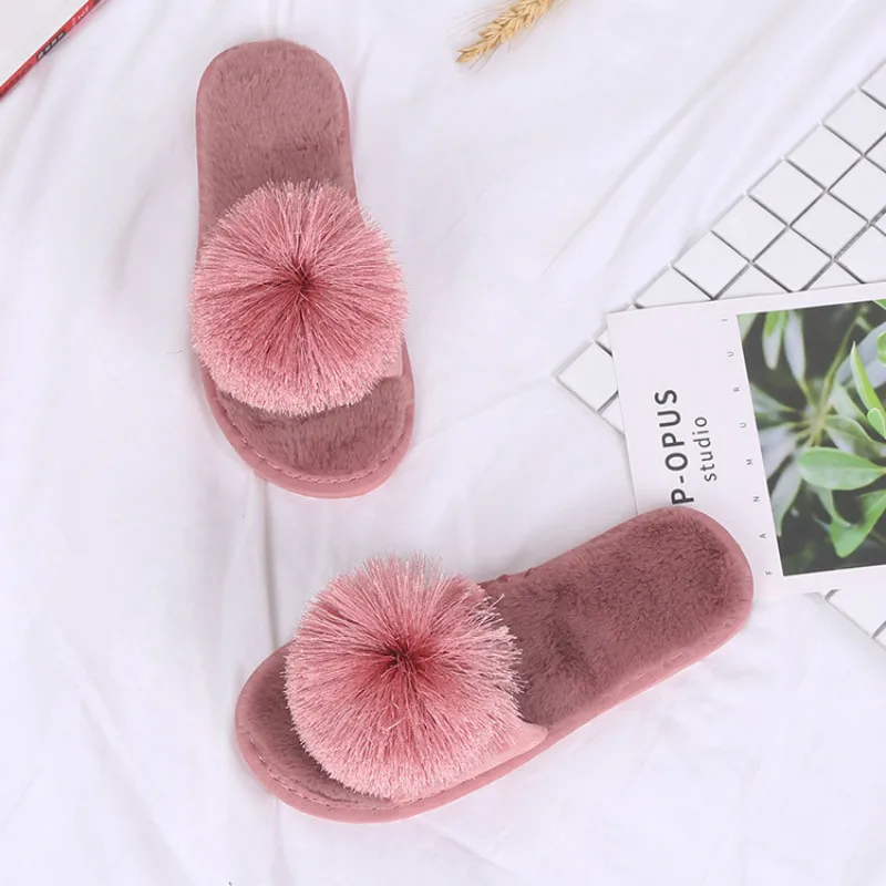 Taomengsi/ нови кожени домашни пантофи с топки от утолщенного плюш; женски нескользящие червени чехли с отворени пръсти подметка през цялата година Изображение 1