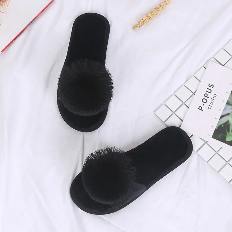 Taomengsi/ нови кожени домашни пантофи с топки от утолщенного плюш; женски нескользящие червени чехли с отворени пръсти подметка през цялата година Изображение 3