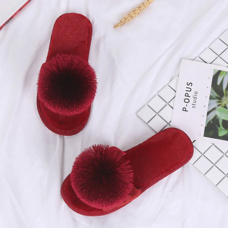 Taomengsi/ нови кожени домашни пантофи с топки от утолщенного плюш; женски нескользящие червени чехли с отворени пръсти подметка през цялата година Изображение 4