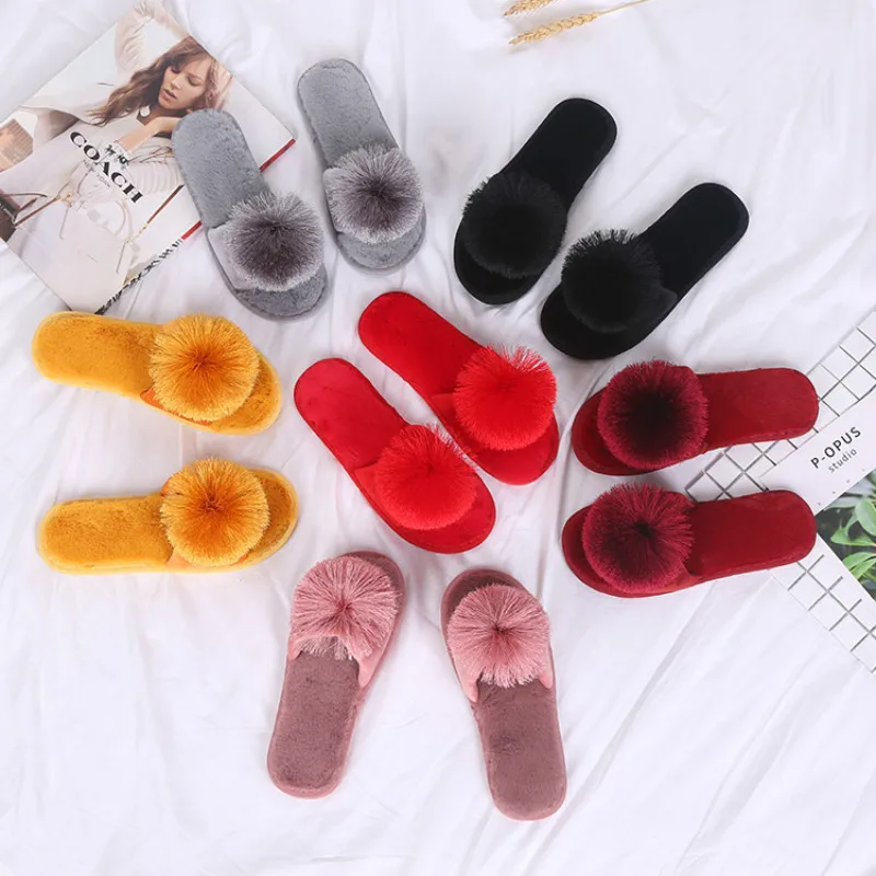 Taomengsi/ нови кожени домашни пантофи с топки от утолщенного плюш; женски нескользящие червени чехли с отворени пръсти подметка през цялата година Изображение 5