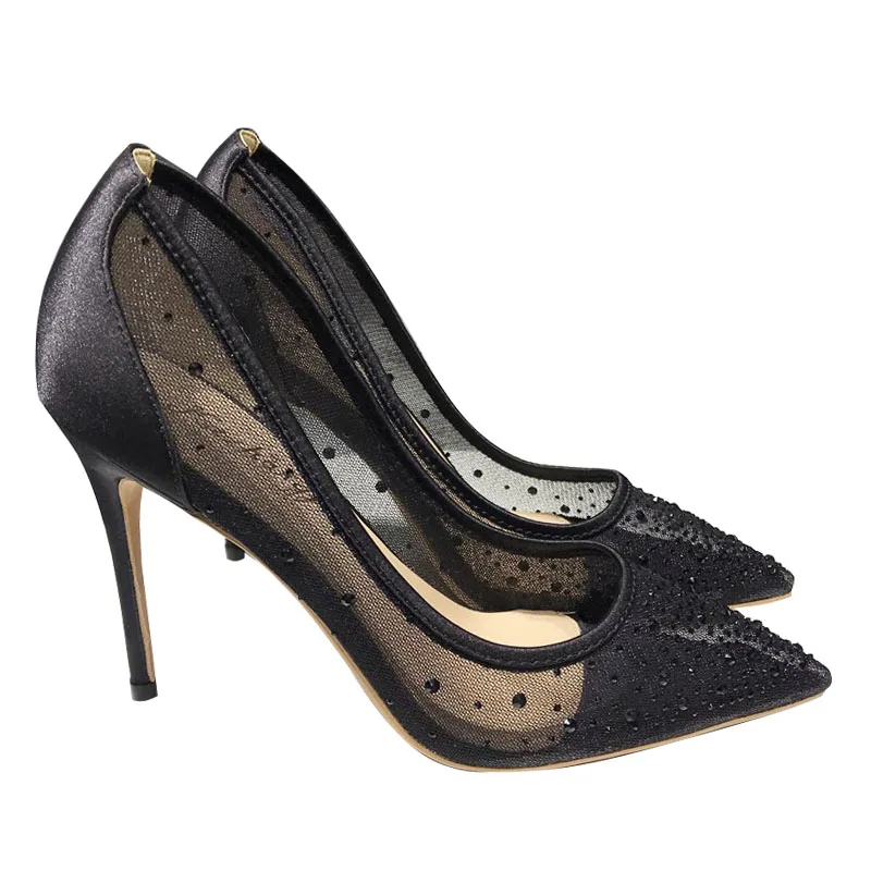 Veowalk/Сатен газови Лоскутные женски прозрачни Пикантни обувки-лодка На Високо Прозрачен Ток с остър пръсти, Шикозни дамски официални модела обувки в Черен Цвят Изображение 1