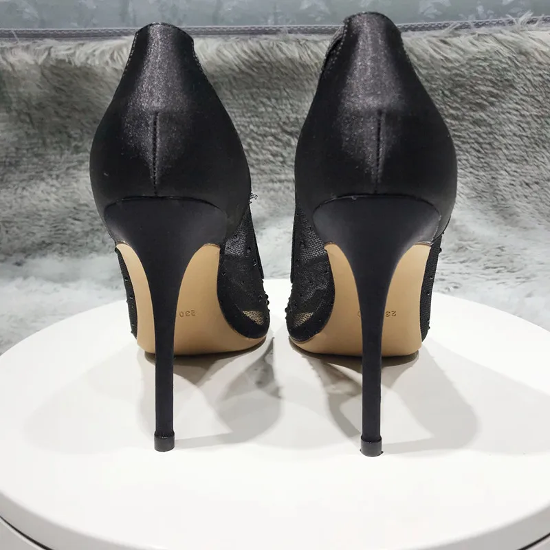 Veowalk/Сатен газови Лоскутные женски прозрачни Пикантни обувки-лодка На Високо Прозрачен Ток с остър пръсти, Шикозни дамски официални модела обувки в Черен Цвят Изображение 4