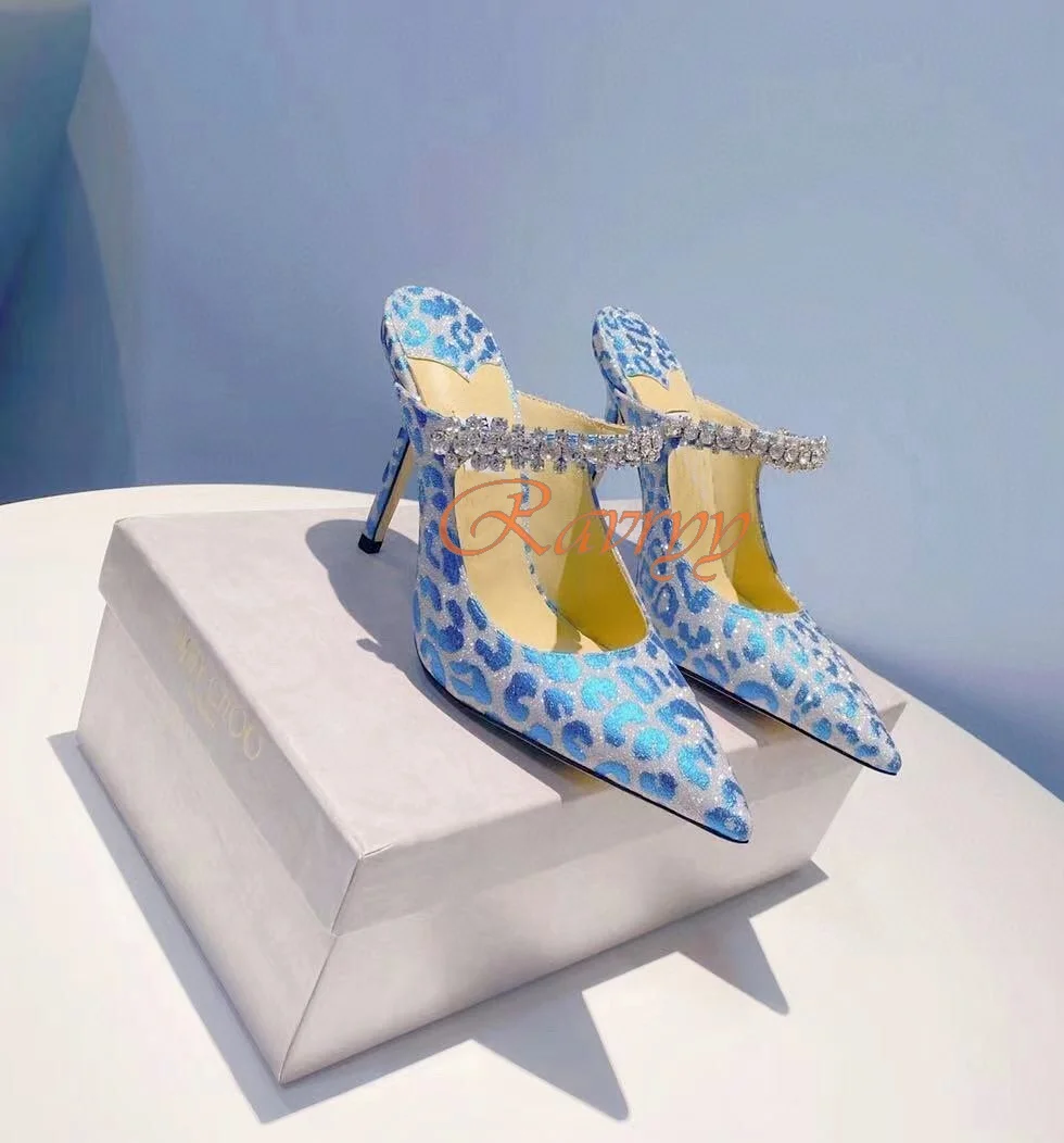 Дамски Дизайнерски обувки 100 мм, джапанки с Леопардовым Принтом, сандали с остри пръсти, блестящи сандали на висок ток с кристали, новост 2022 г., по-Големи Размери, детски Сини Изображение 0