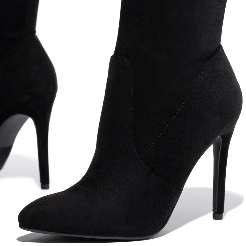 Дамски пикантен дамски ботуши над коляното на тънък висок ток, жените тъканни ботуши с остри пръсти, есенно-зимни ботуши, дамски обувки Изображение 2