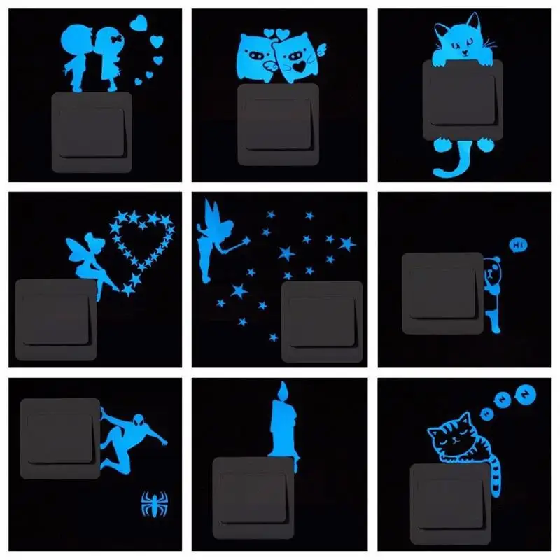 Карикатура светлинен превключвател етикети светло котка Фея синята флуоресцентна светлина в мрака на стикер за детска стая декорация на дома Изображение 0